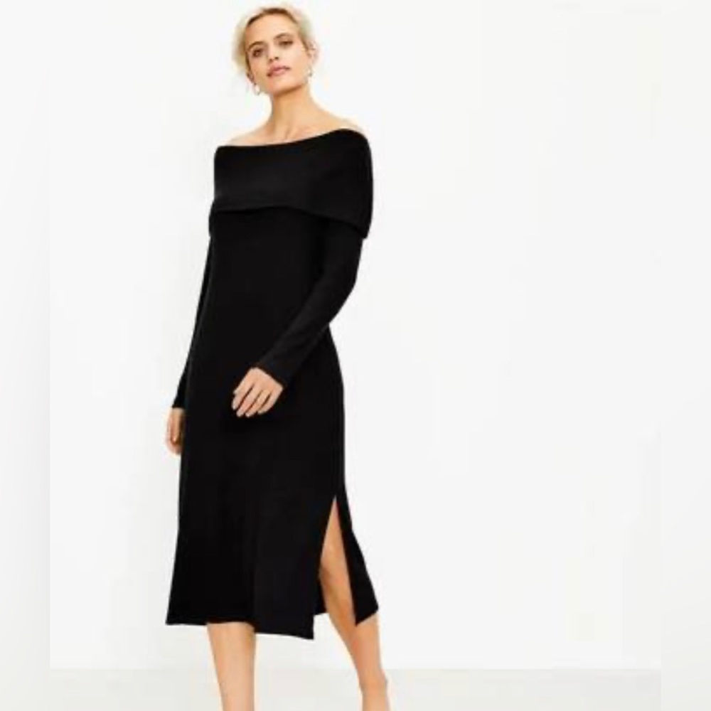 LOFT Off the Shoulder Midi Dress in Black | Size S